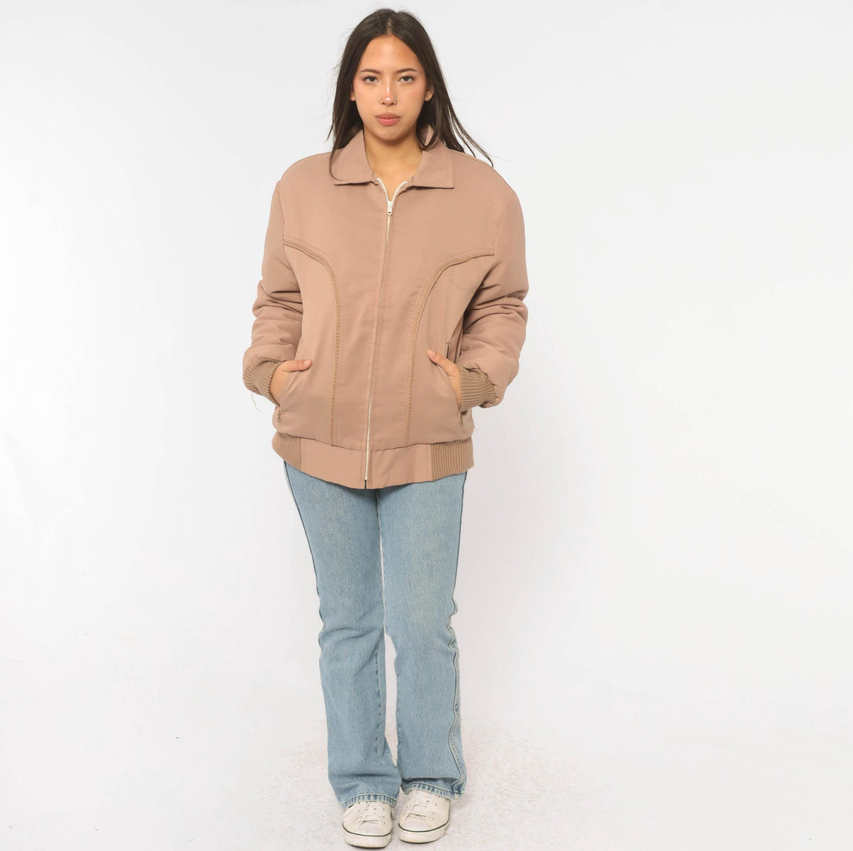 70s Yau Wing Bomber Jacket Beige Faux Fur Lined Pointed Collar Medium