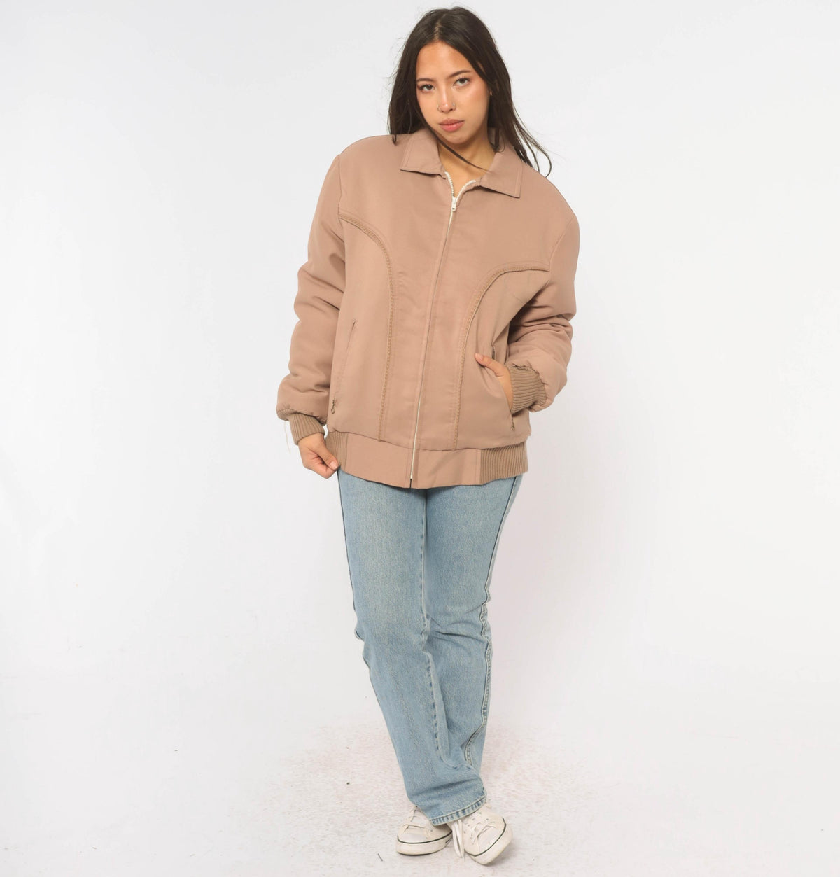 70s Yau Wing Bomber Jacket Beige Faux Fur Lined Pointed Collar Medium