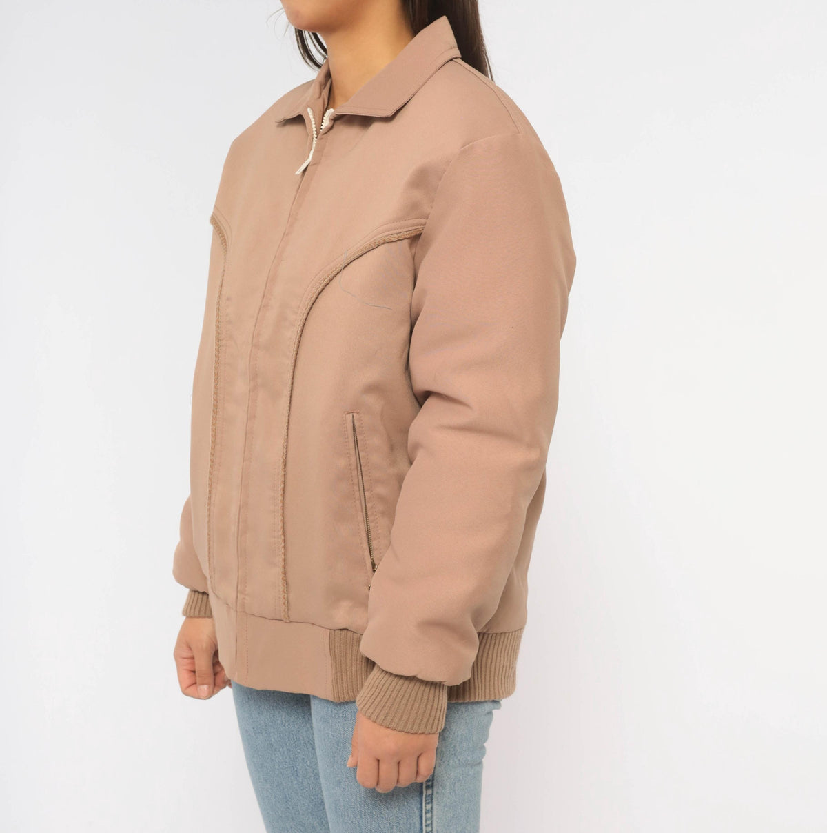 70s Yau Wing Bomber Jacket Beige Faux Fur Lined Pointed Collar Medium