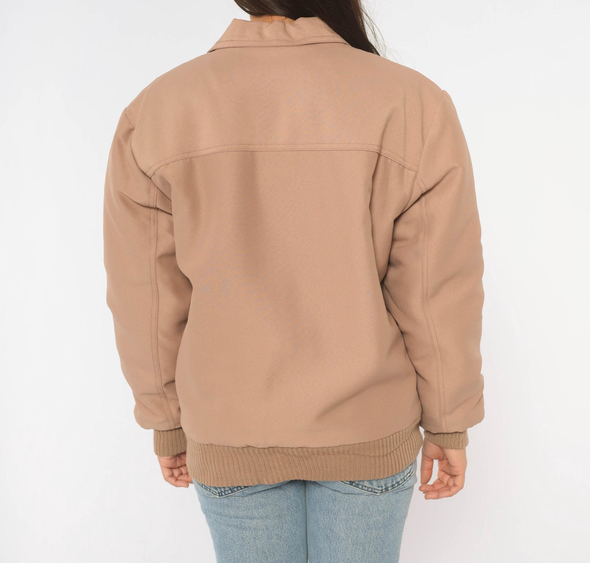 70s Yau Wing Bomber Jacket Beige Faux Fur Lined Pointed Collar Medium