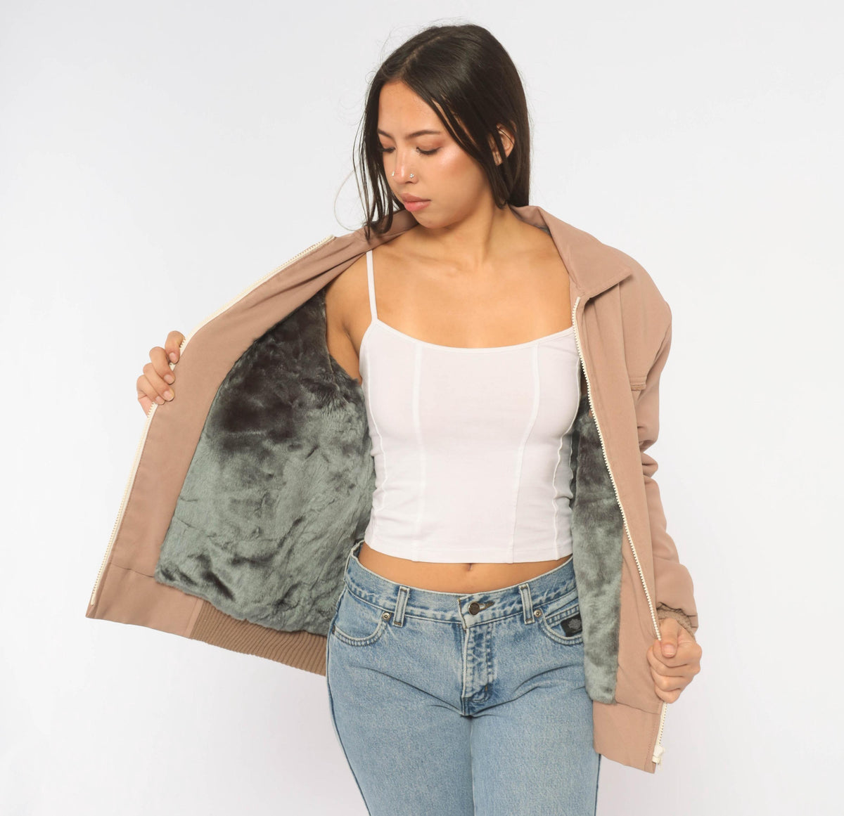 70s Yau Wing Bomber Jacket Beige Faux Fur Lined Pointed Collar Medium