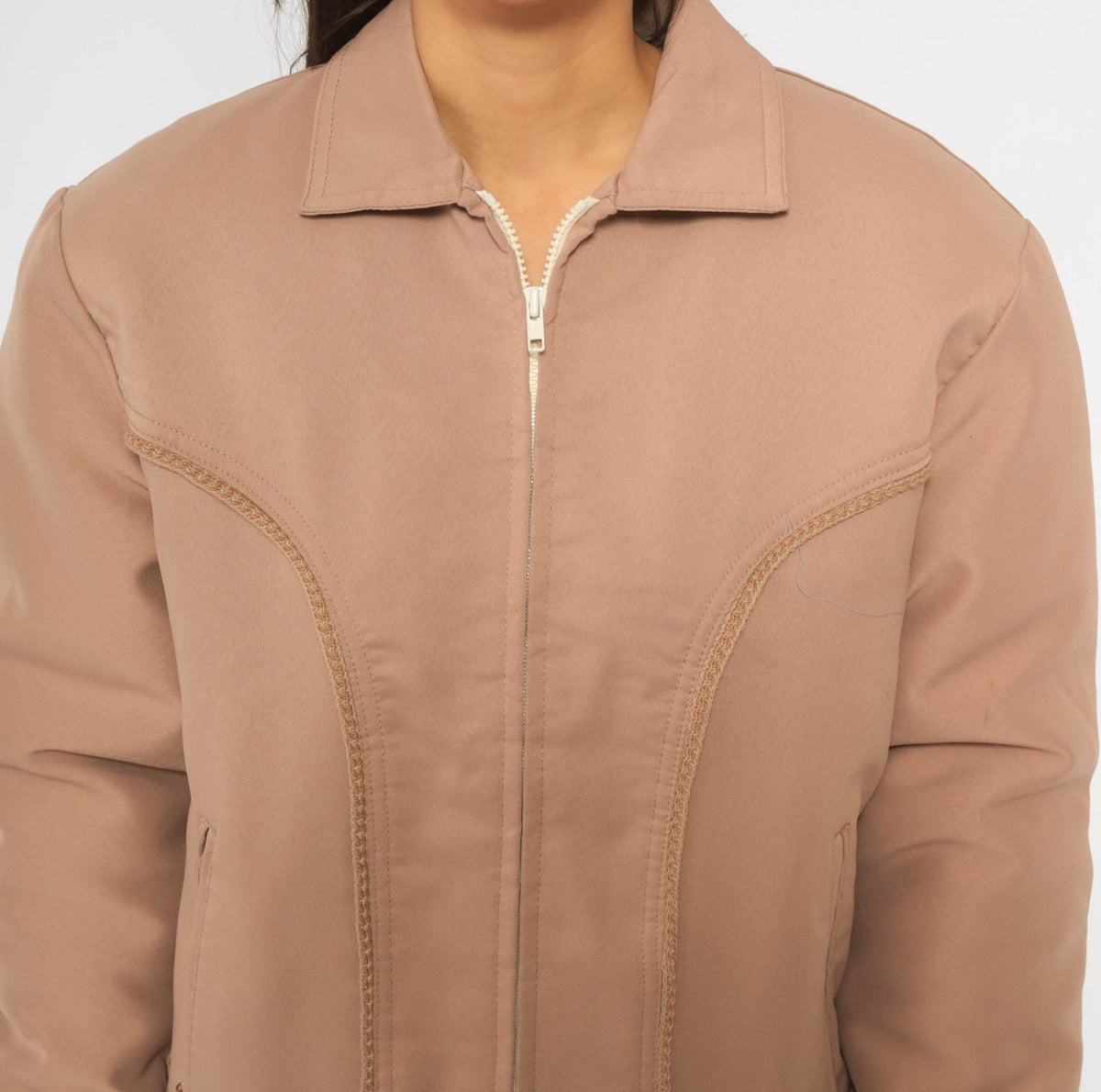 70s Yau Wing Bomber Jacket Beige Faux Fur Lined Pointed Collar Medium