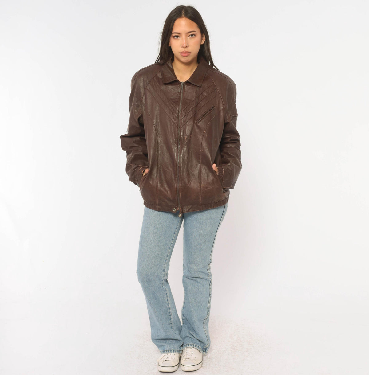 80s Tibor Leather Bomber Jacket Brown Burgundy Chevron Pointed Collar Small