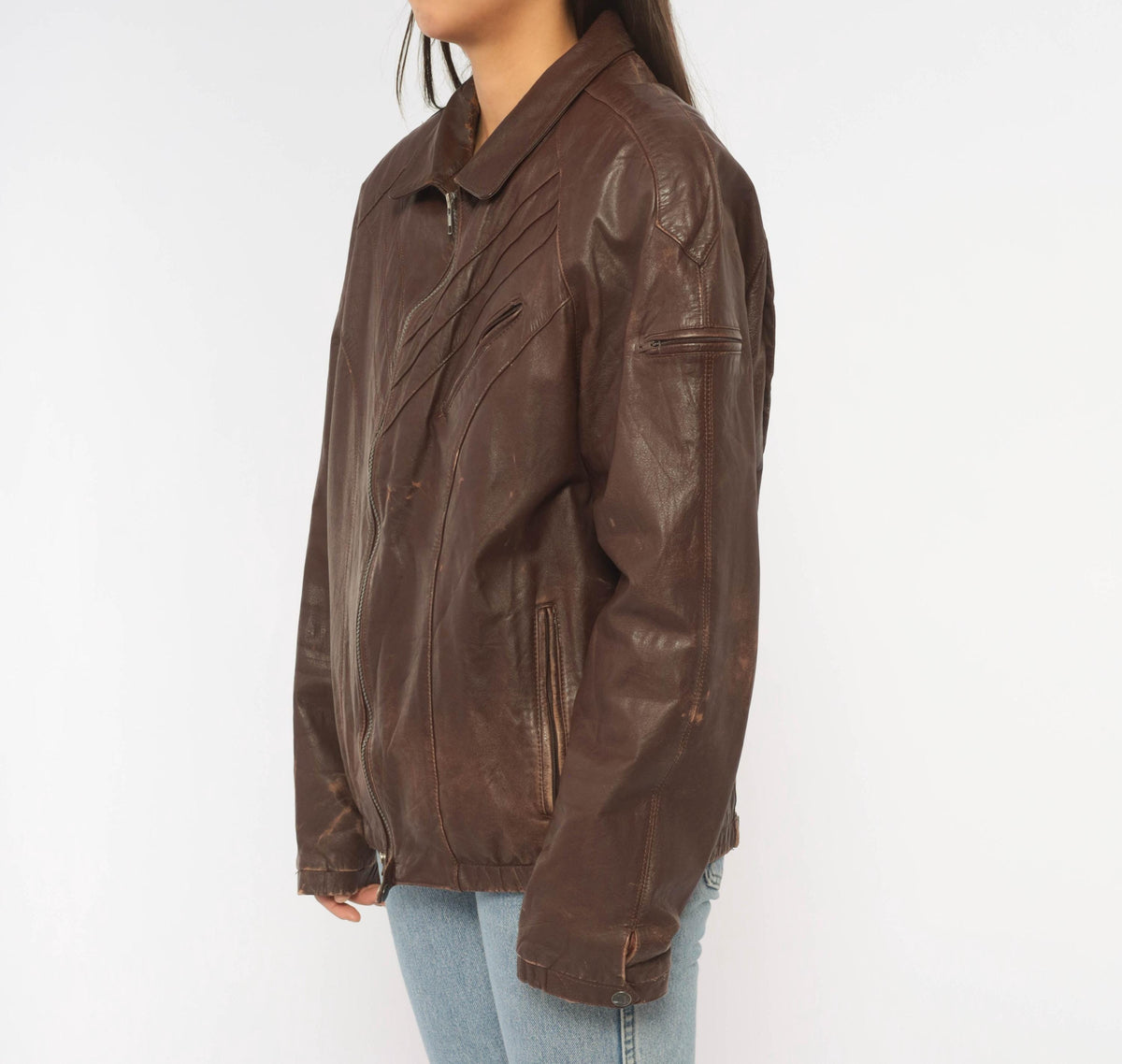 80s Tibor Leather Bomber Jacket Brown Burgundy Chevron Pointed Collar Small
