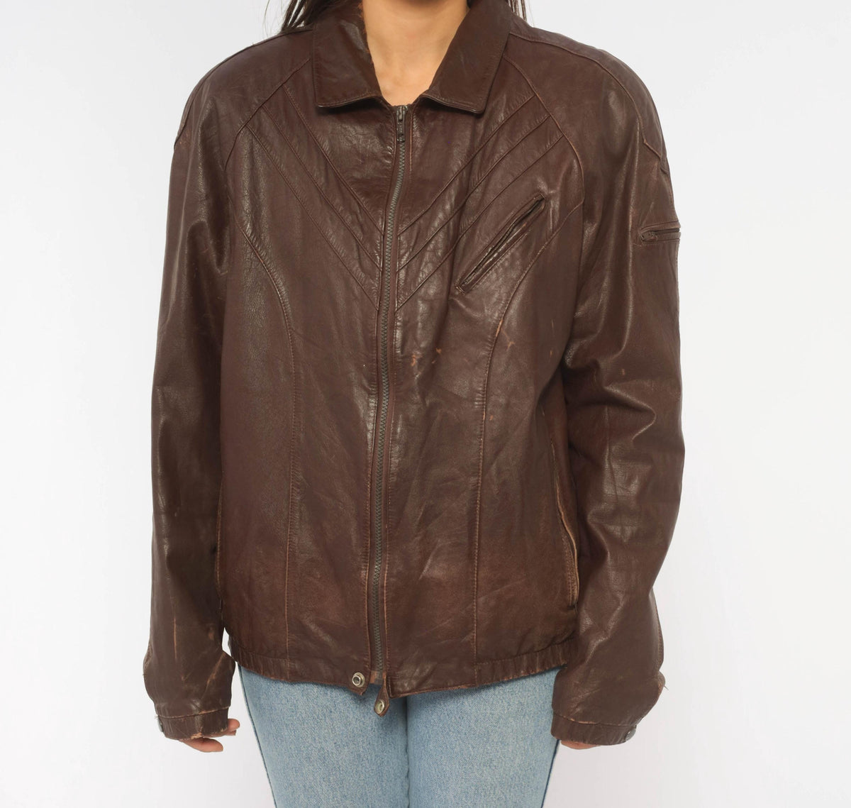 80s Tibor Leather Bomber Jacket Brown Burgundy Chevron Pointed Collar Small