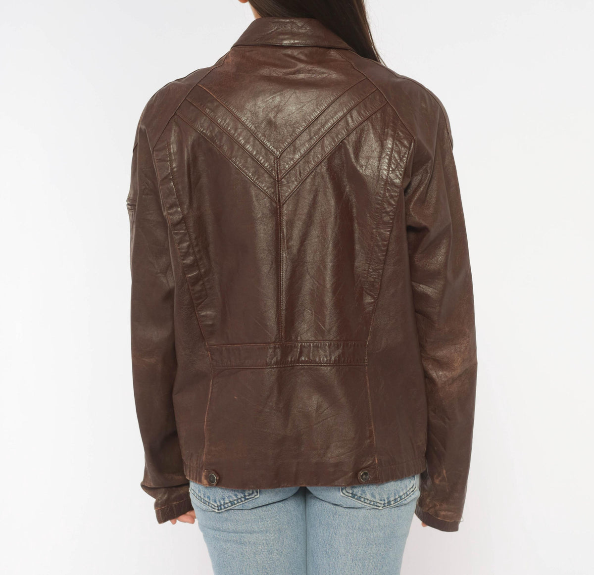 80s Tibor Leather Bomber Jacket Brown Burgundy Chevron Pointed Collar Small