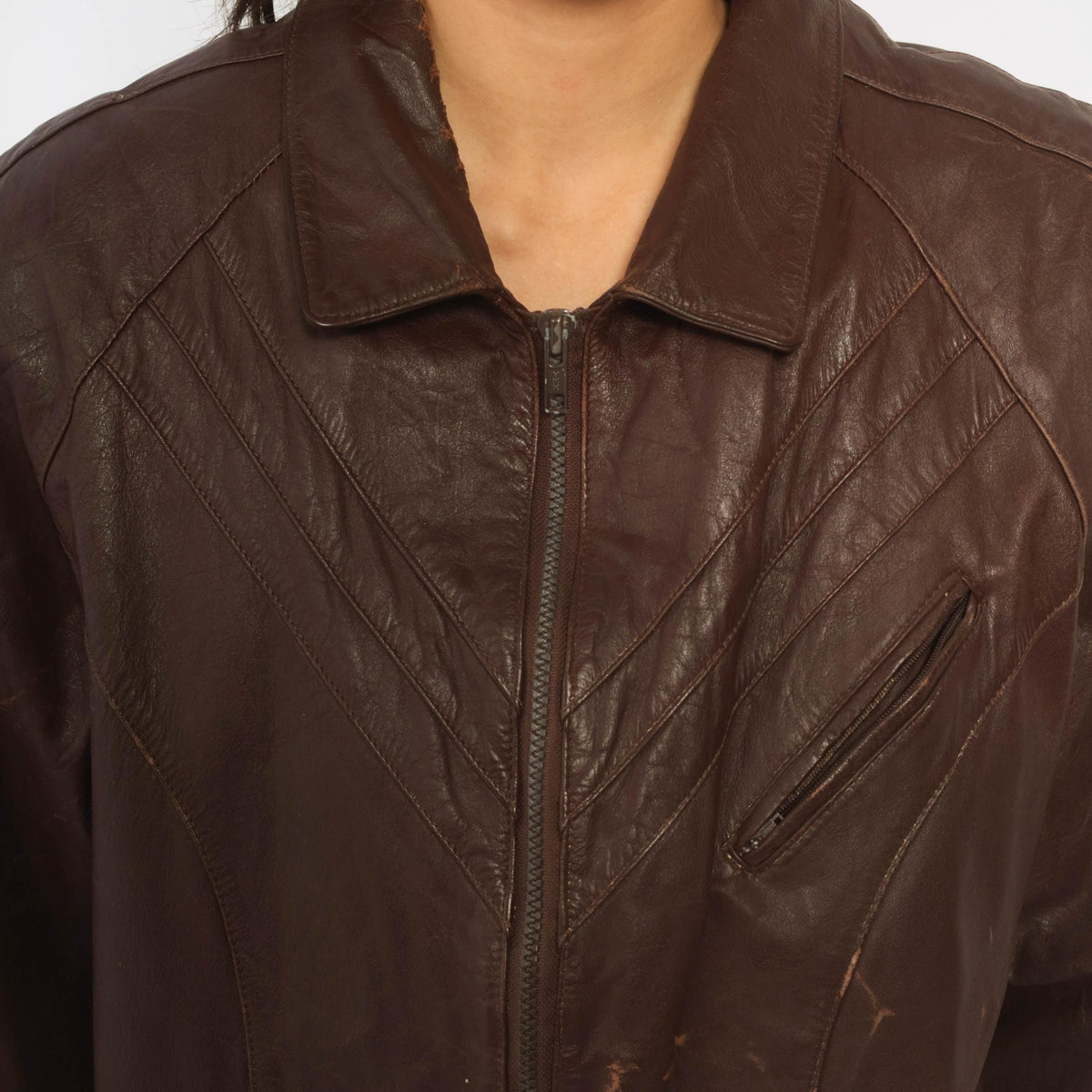 80s Tibor Leather Bomber Jacket Brown Burgundy Chevron Pointed Collar Small