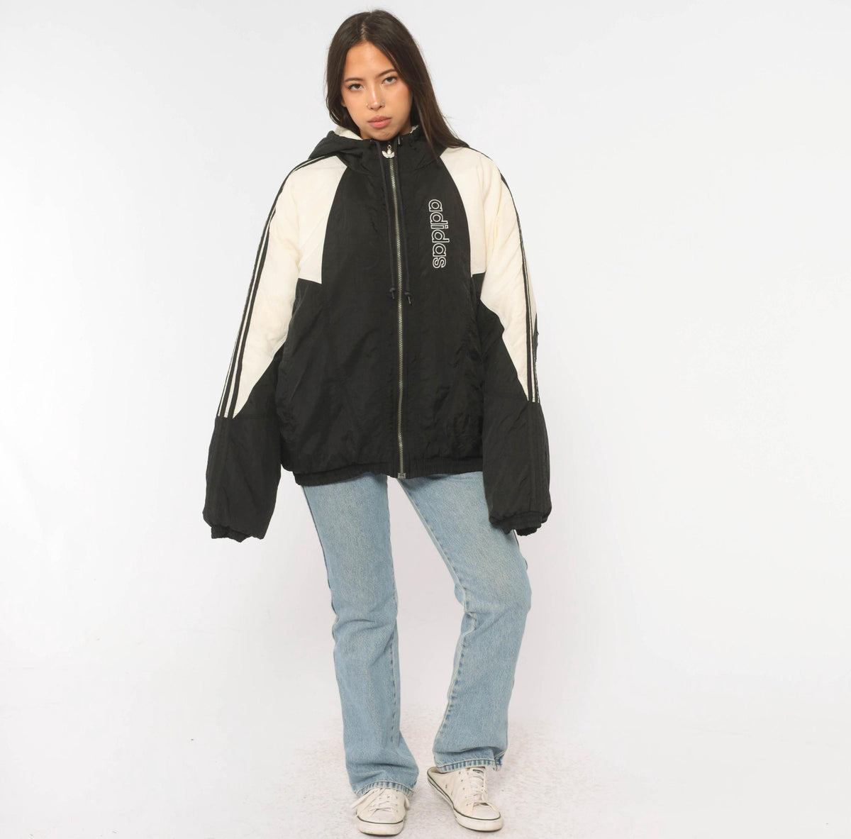 90s Adidas Color Block Puffer Jacket Black White Hooded Large L