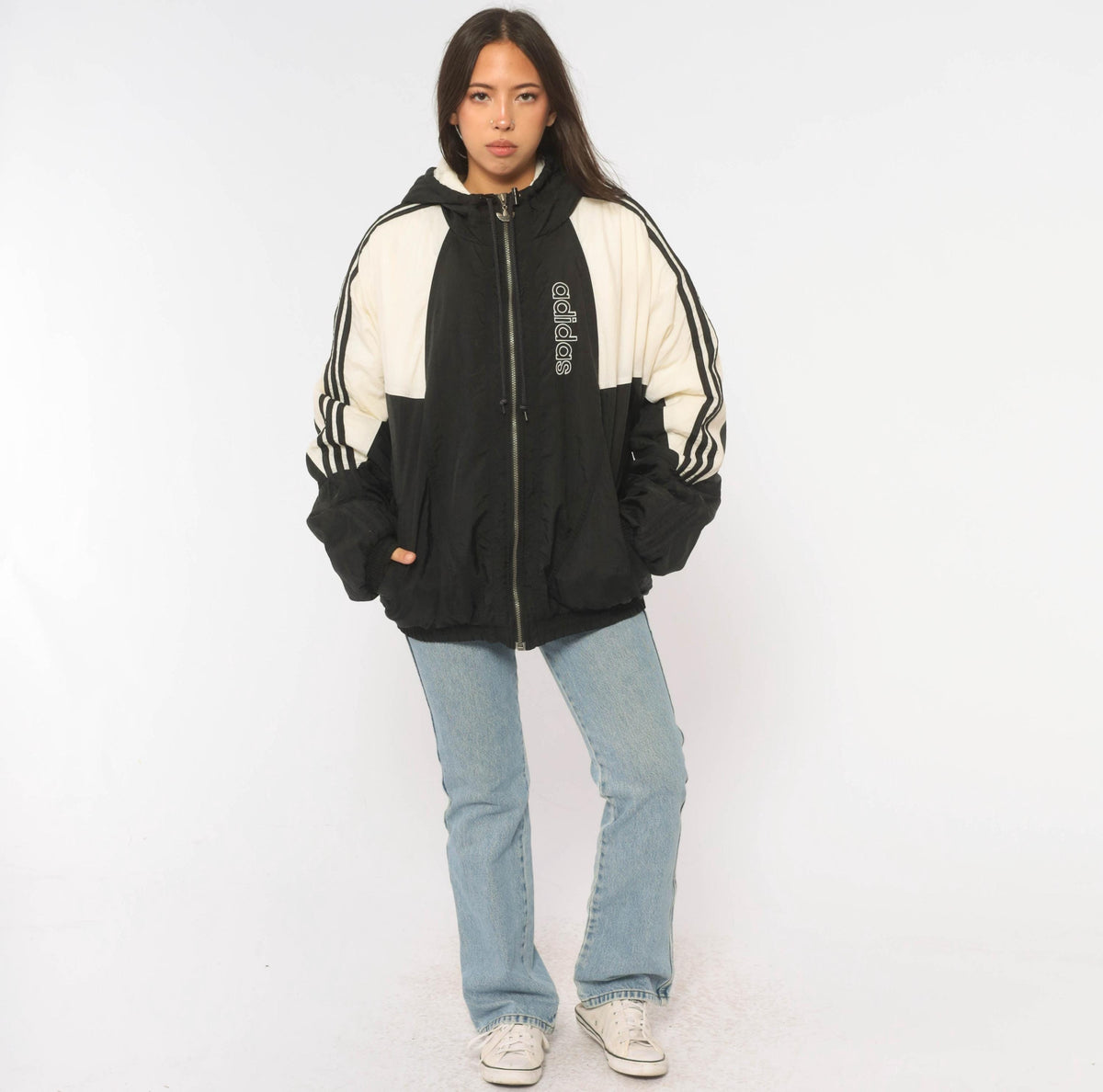90s Adidas Color Block Puffer Jacket Black White Hooded Large L