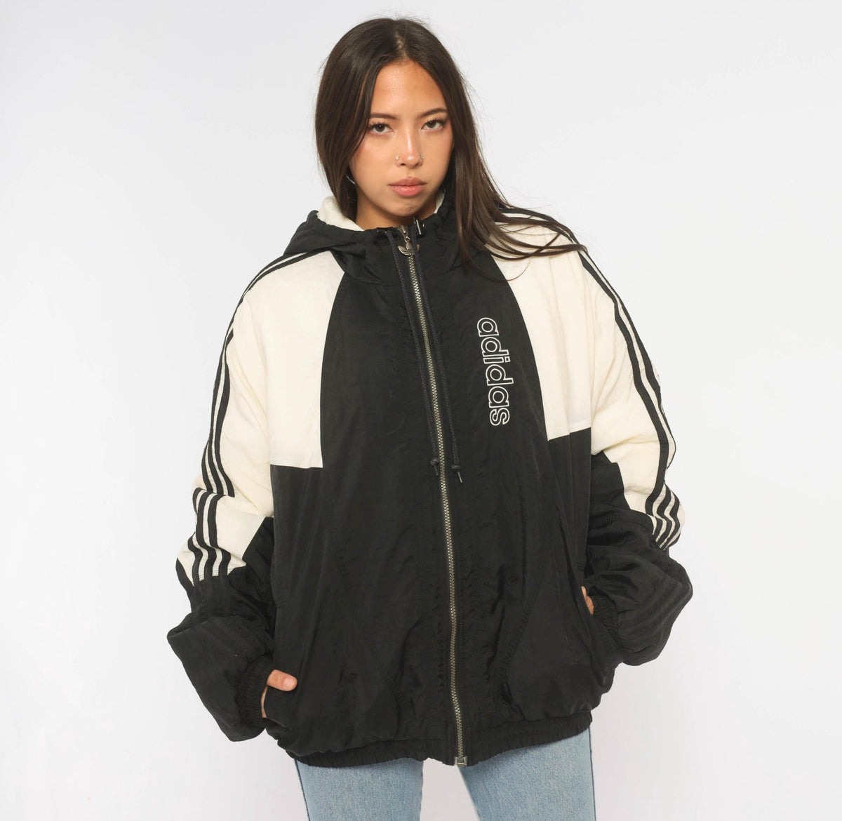 90s Adidas Color Block Puffer Jacket Black White Hooded Large L
