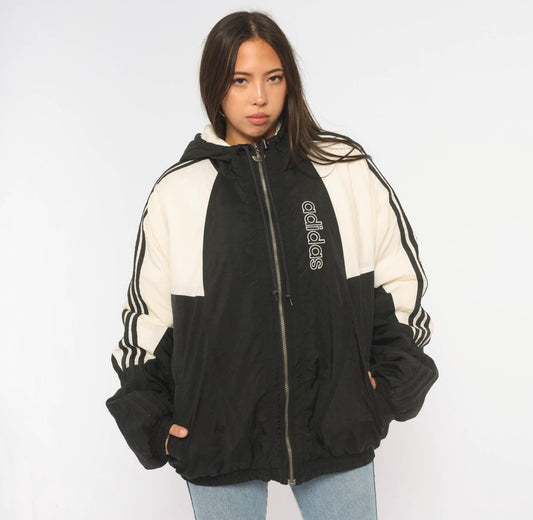 90s Adidas Color Block Puffer Jacket Black White Hooded Large L