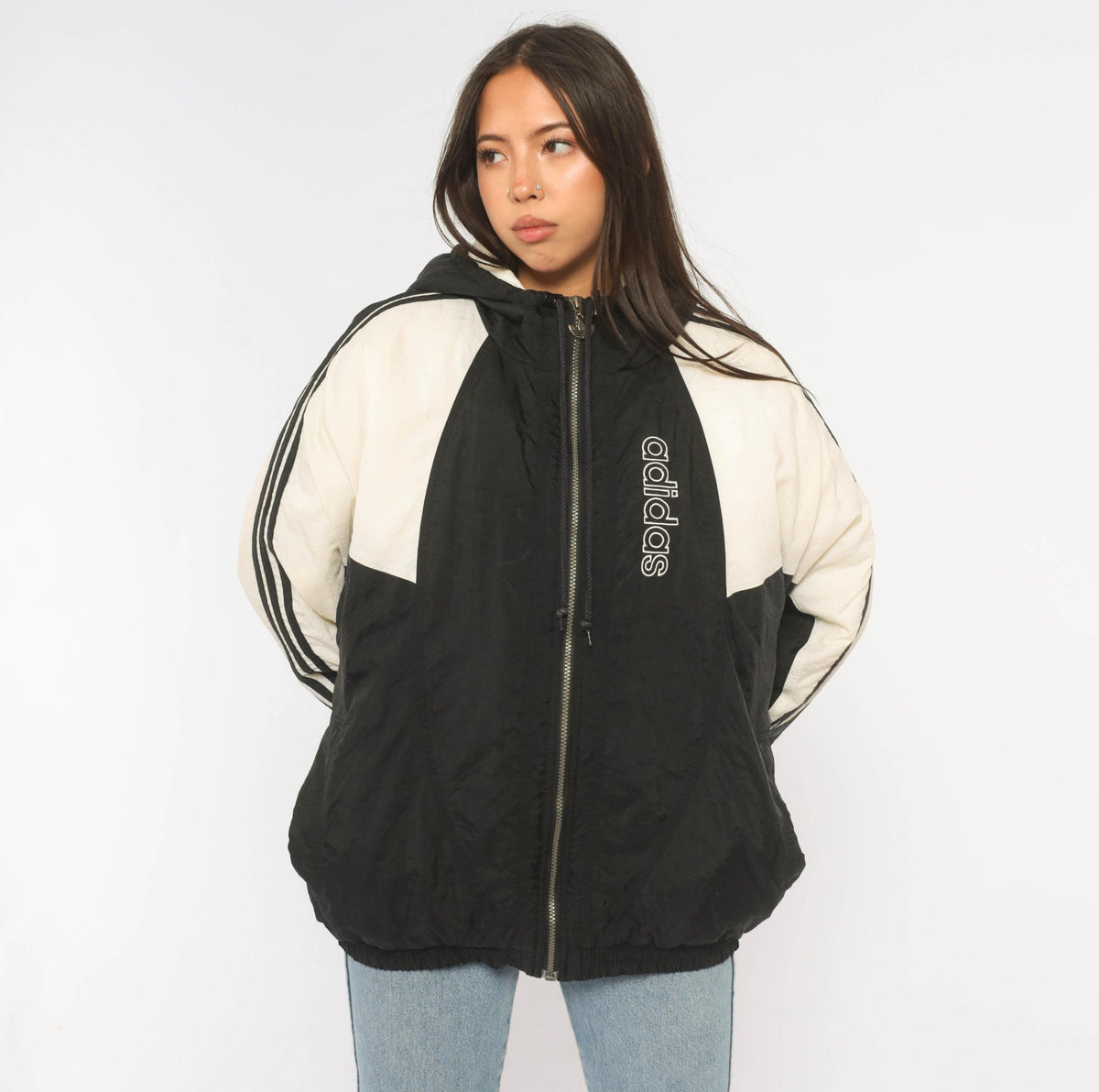 90s Adidas Color Block Puffer Jacket Black White Hooded Large L