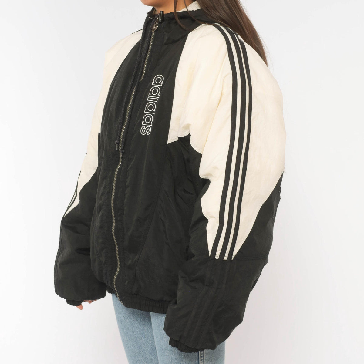 90s Adidas Color Block Puffer Jacket Black White Hooded Large L