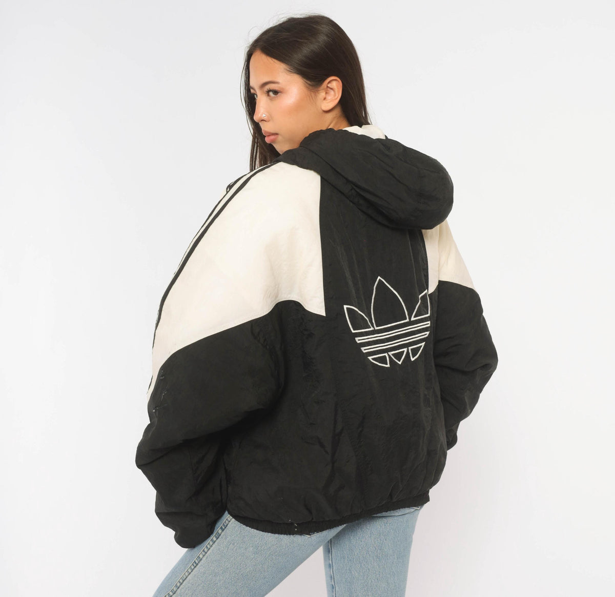 90s Adidas Color Block Puffer Jacket Black White Hooded Large L