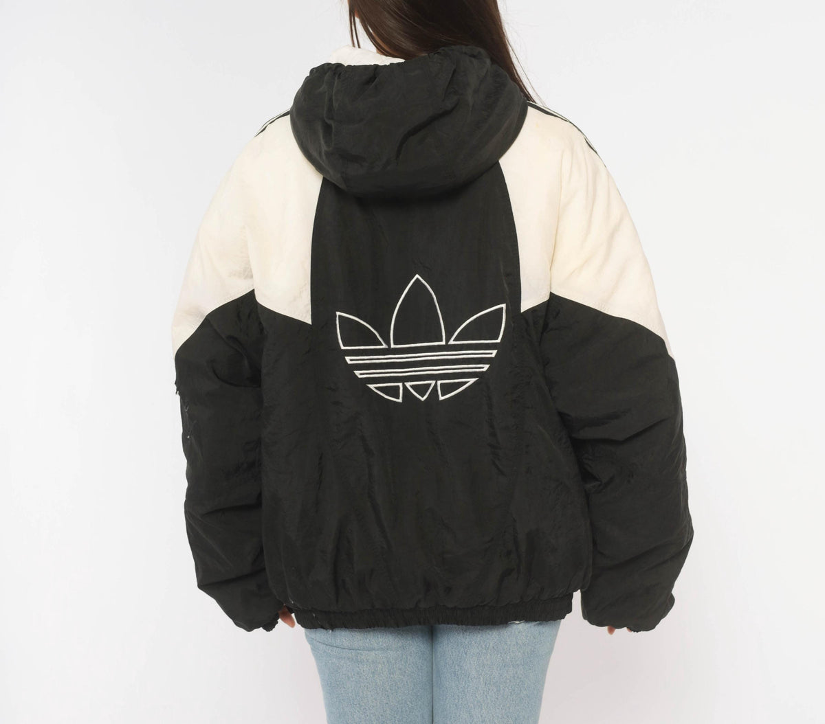 90s Adidas Color Block Puffer Jacket Black White Hooded Large L