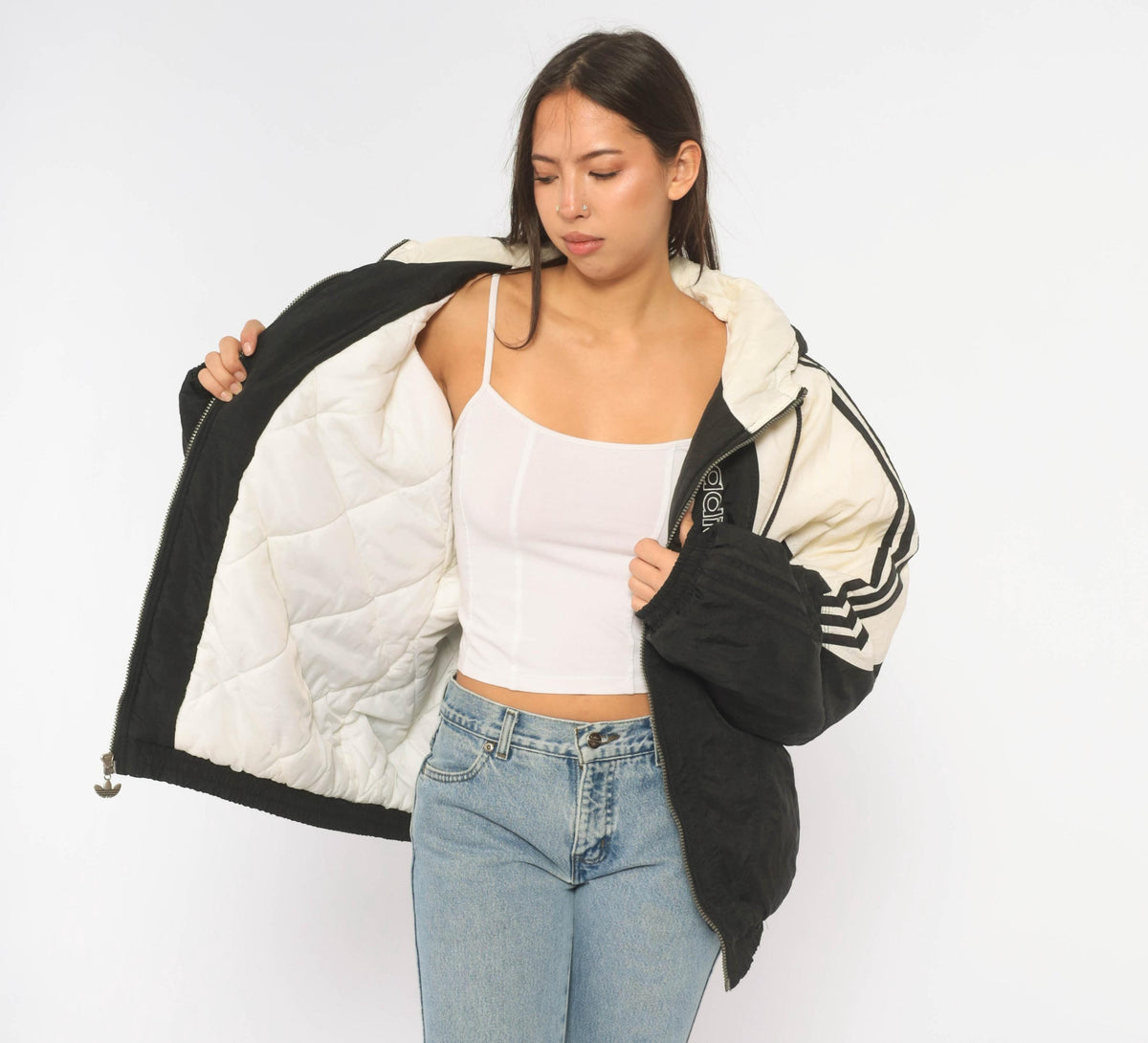 90s Adidas Color Block Puffer Jacket Black White Hooded Large L