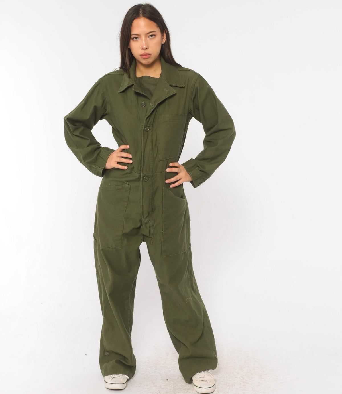 70s Vanderbilt Olive Cotton Coveralls Button Front Jumpsuit XS