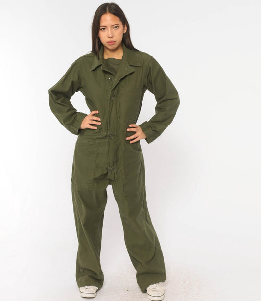 70s Vanderbilt Olive Cotton Coveralls Button Front Jumpsuit XS