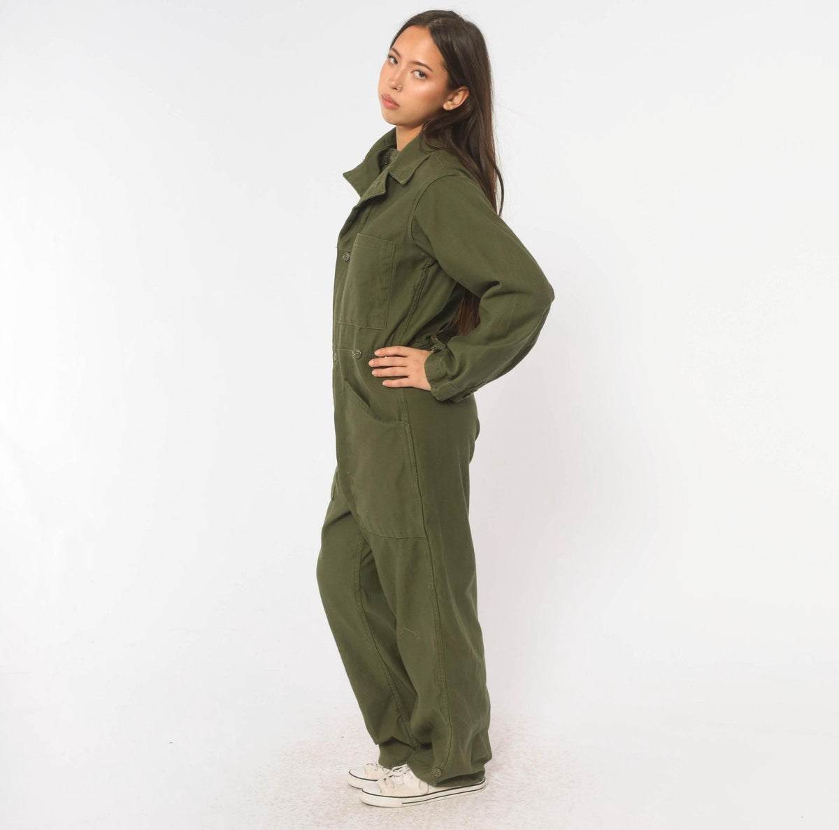 70s Vanderbilt Olive Cotton Coveralls Button Front Jumpsuit XS