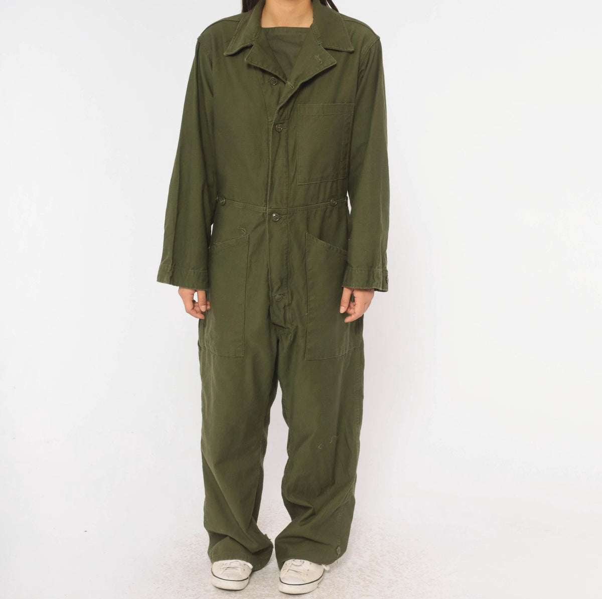 70s Vanderbilt Olive Cotton Coveralls Button Front Jumpsuit XS