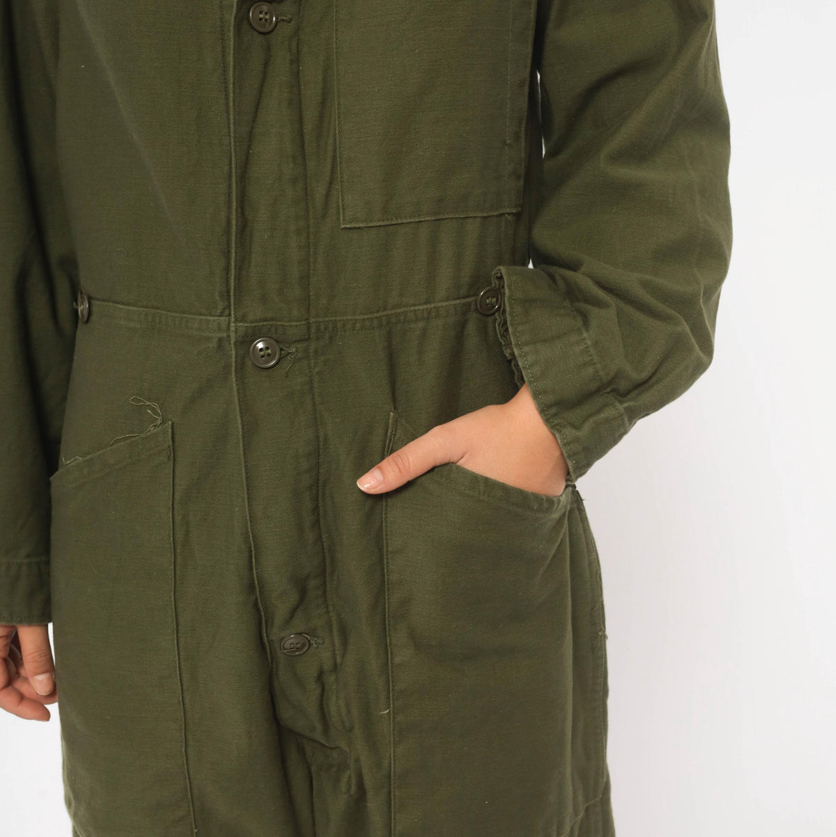 70s Vanderbilt Olive Cotton Coveralls Button Front Jumpsuit XS