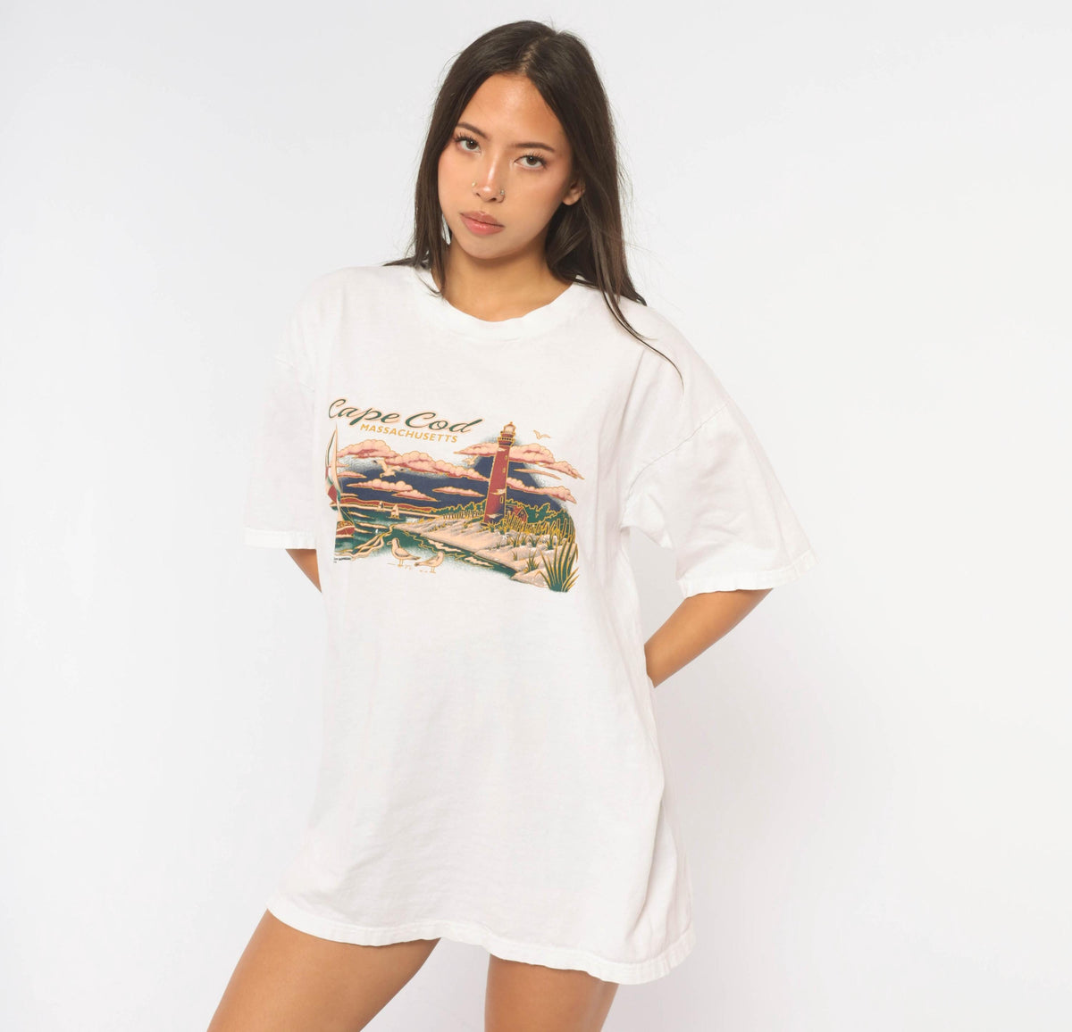 90s Cape Cod Lighthouse Sailboat Souvenir Tee White Cotton Extra Large XL