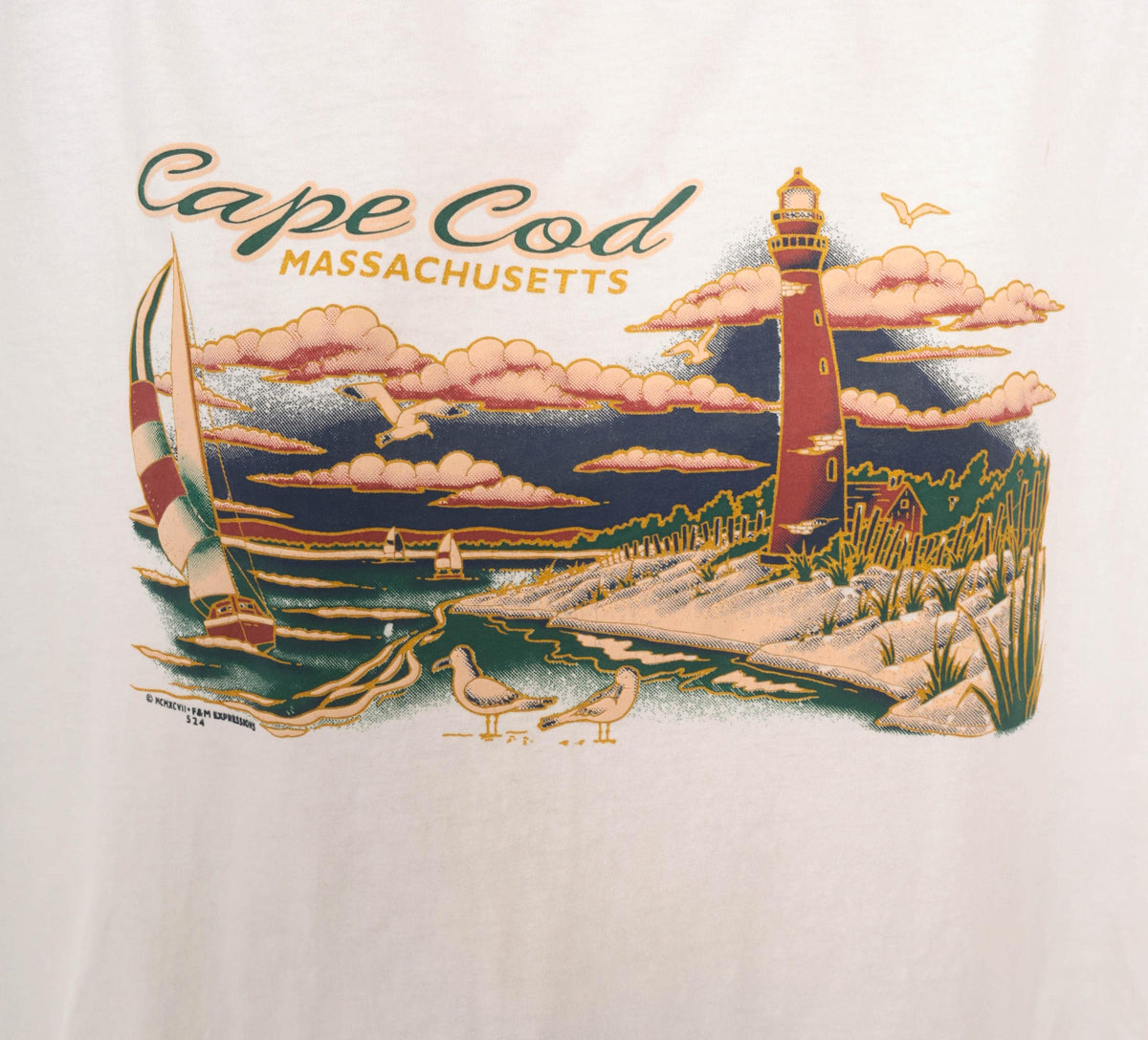 90s Cape Cod Lighthouse Sailboat Souvenir Tee White Cotton Extra Large XL