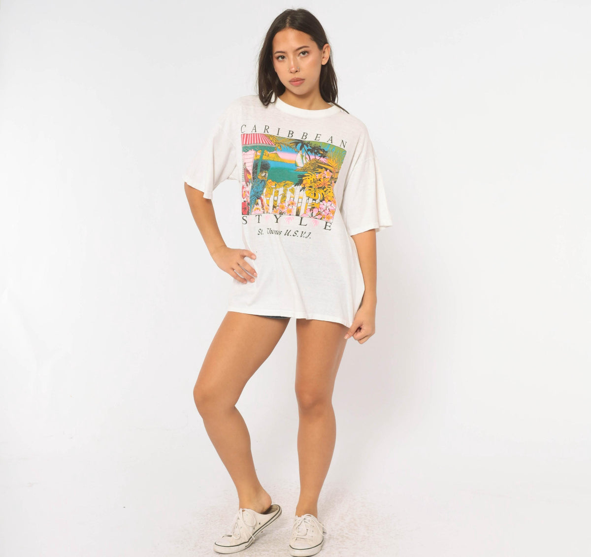 90s Caribbean St Thomas Souvenir Tee White Cotton Parrot Graphic Extra Large