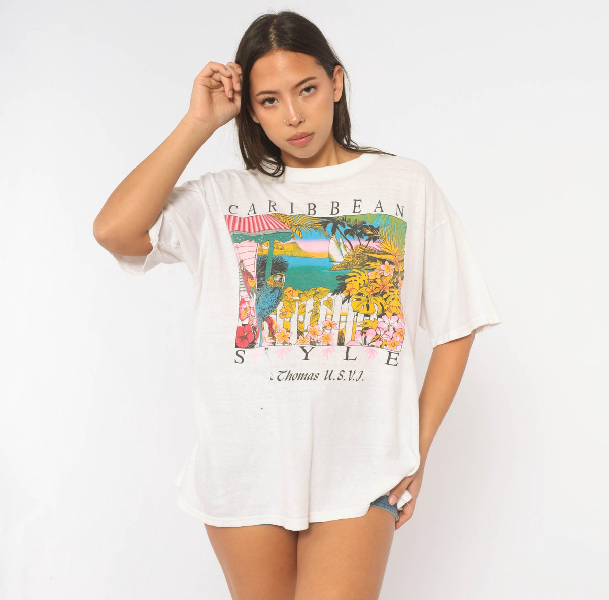 90s Caribbean St Thomas Souvenir Tee White Cotton Parrot Graphic Extra Large