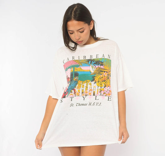 90s Caribbean St Thomas Souvenir Tee White Cotton Parrot Graphic Extra Large
