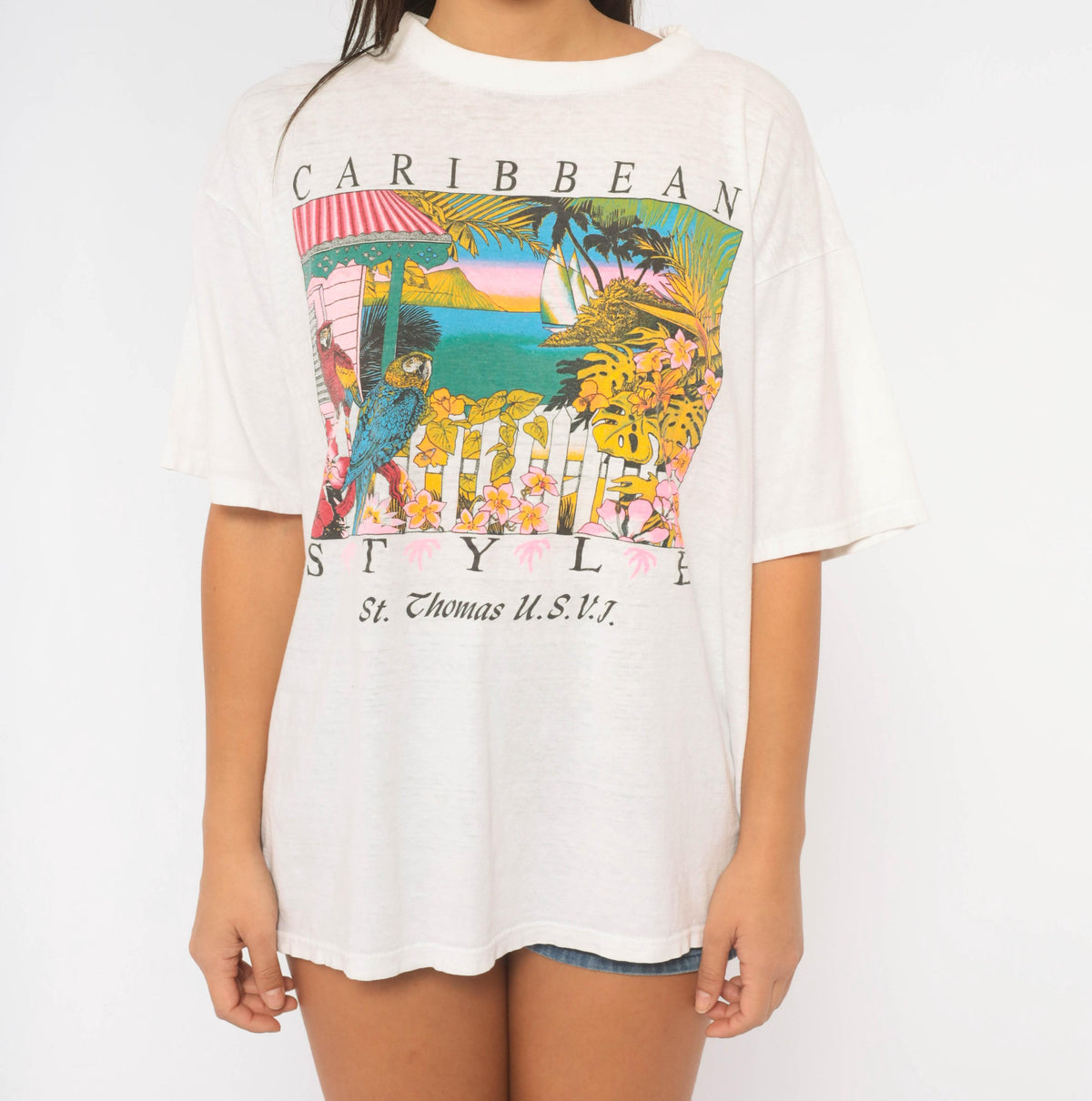 90s Caribbean St Thomas Souvenir Tee White Cotton Parrot Graphic Extra Large