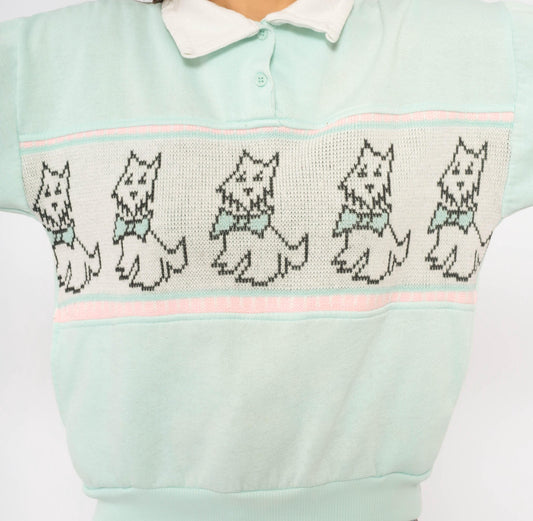 90s Scottie Dog Sweatshirt Mint Green Knit Panel White Collar Pink Stripe Medium
