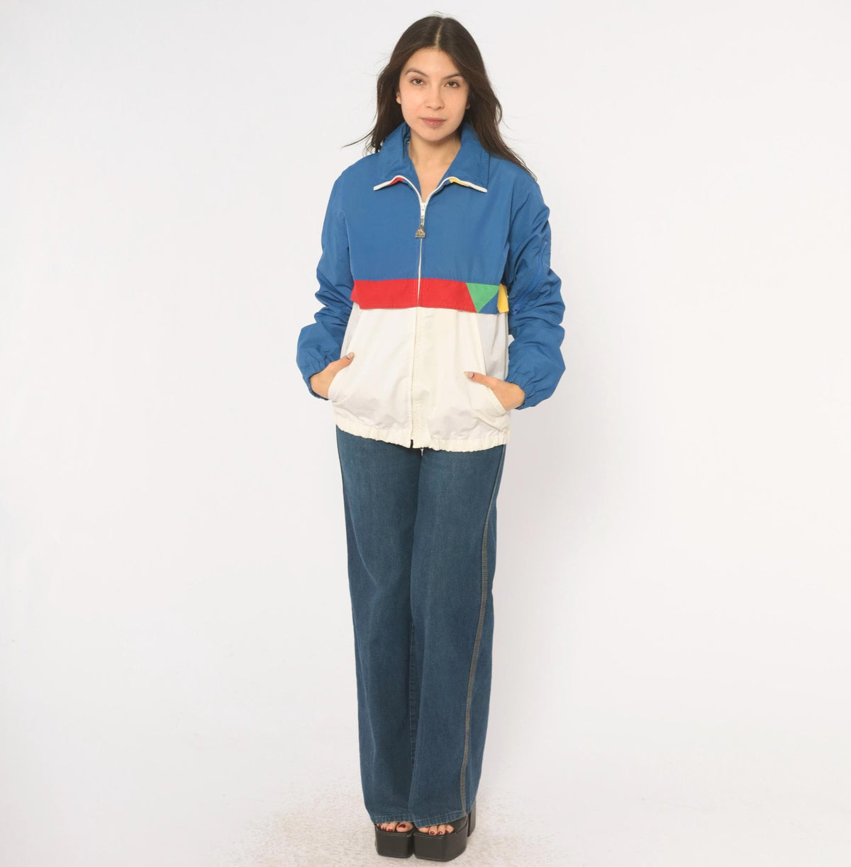 80s Pacific Trail Color Block Windbreaker Jacket Blue White Red Yellow Small