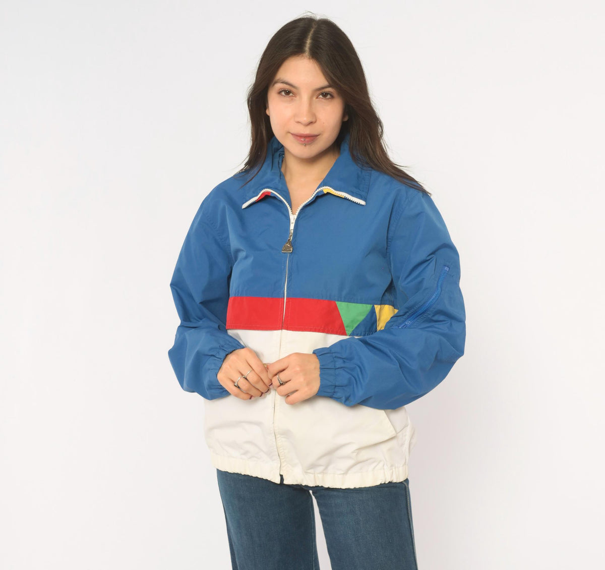 80s Pacific Trail Color Block Windbreaker Jacket Blue White Red Yellow Small