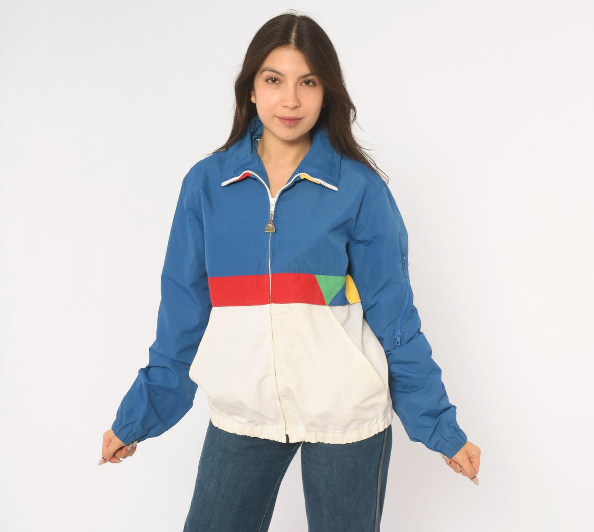 80s Pacific Trail Color Block Windbreaker Jacket Blue White Red Yellow Small
