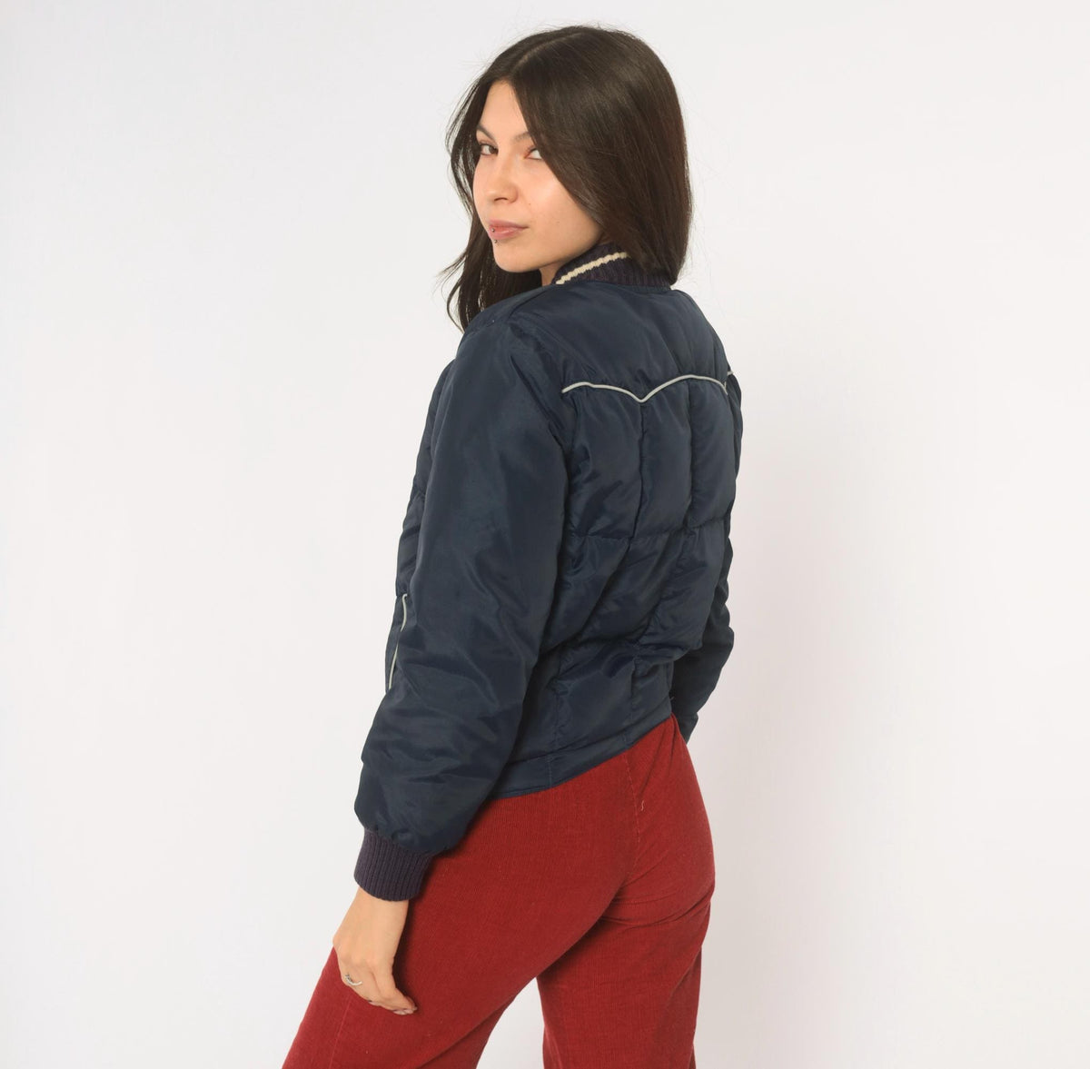 70s Comfy Navy Puffer Bomber Jacket Down Filled Quilted Ski Coat Extra Small XS
