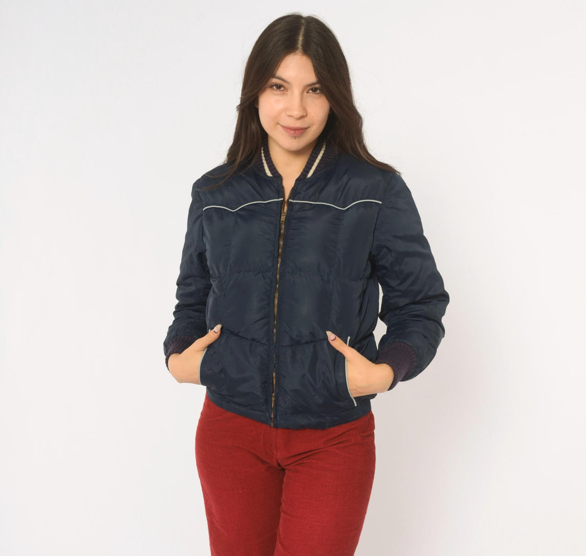 70s Comfy Navy Puffer Bomber Jacket Down Filled Quilted Ski Coat Extra Small XS