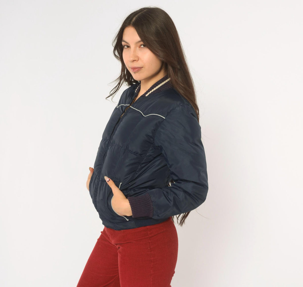 70s Comfy Navy Puffer Bomber Jacket Down Filled Quilted Ski Coat Extra Small XS
