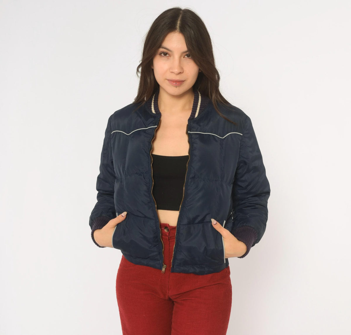 70s Comfy Navy Puffer Bomber Jacket Down Filled Quilted Ski Coat Extra Small XS