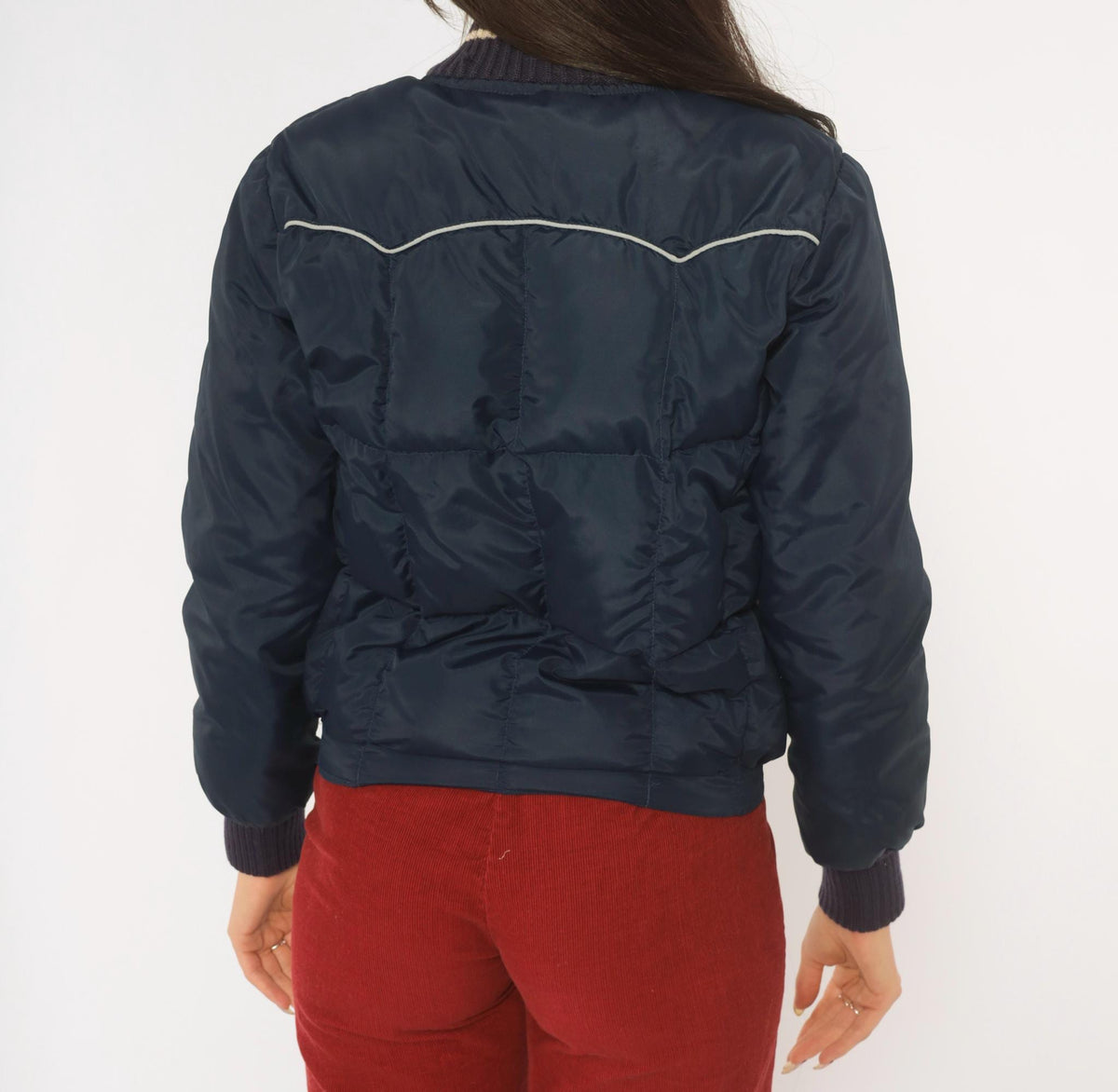 70s Comfy Navy Puffer Bomber Jacket Down Filled Quilted Ski Coat Extra Small XS