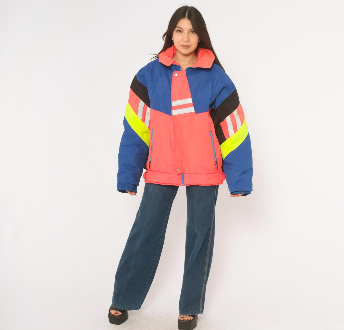90s Weekends Adventure Color Block Ski Jacket Hooded Puffer Blue Coral Medium