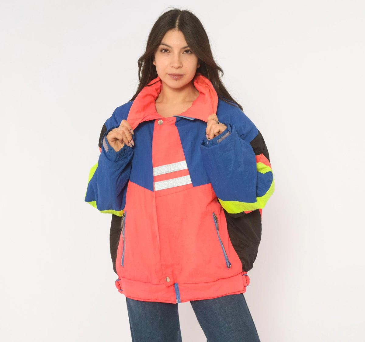 90s Weekends Adventure Color Block Ski Jacket Hooded Puffer Blue Coral Medium