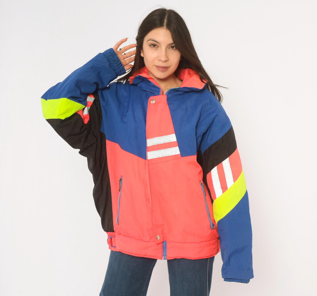 90s Weekends Adventure Color Block Ski Jacket Hooded Puffer Blue Coral Medium