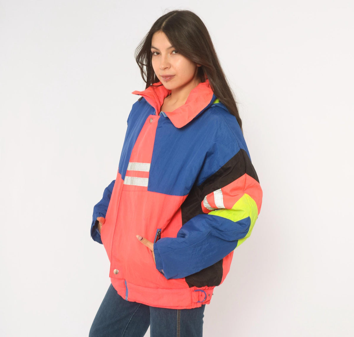 90s Weekends Adventure Color Block Ski Jacket Hooded Puffer Blue Coral Medium