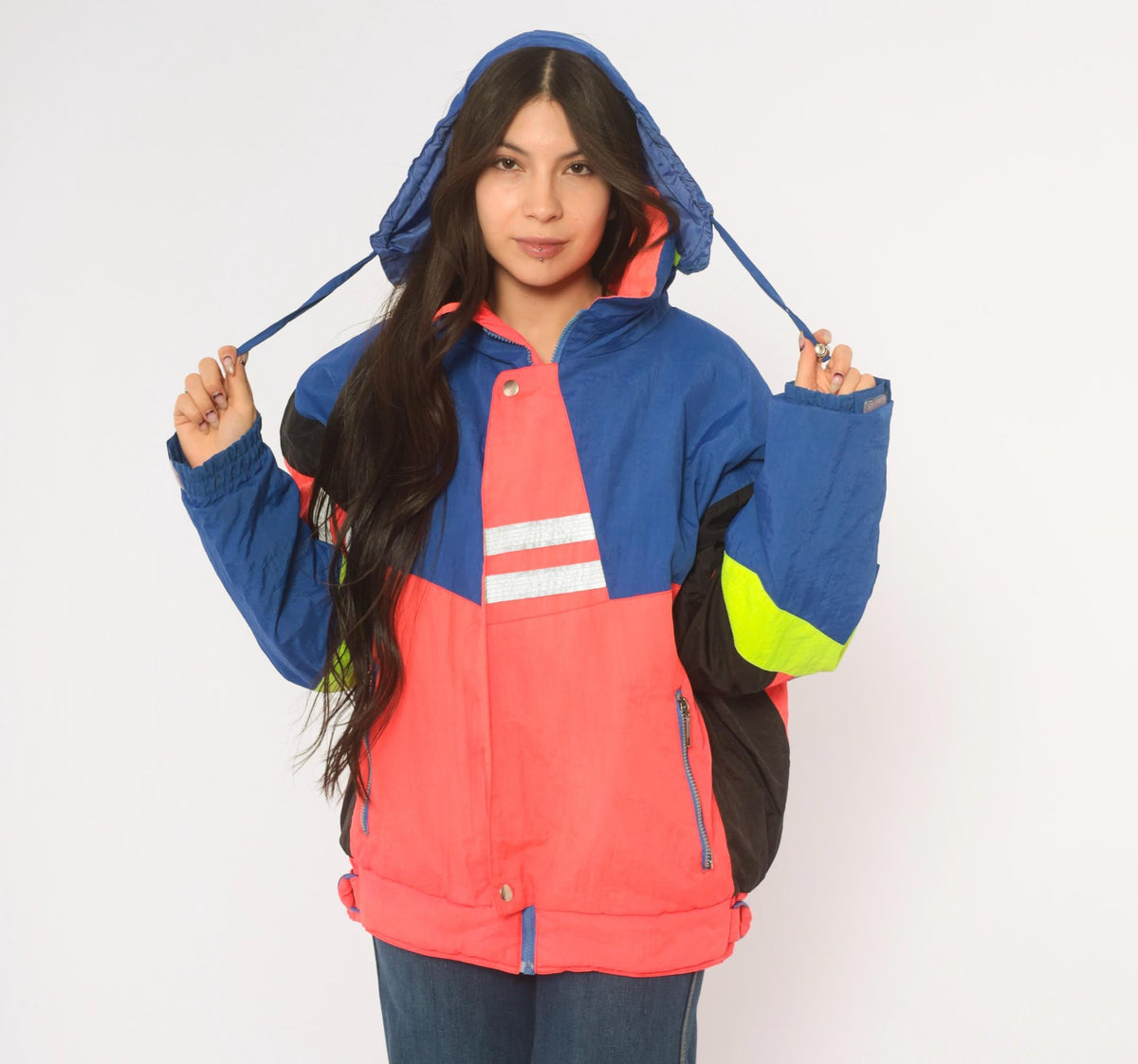 90s Weekends Adventure Color Block Ski Jacket Hooded Puffer Blue Coral Medium