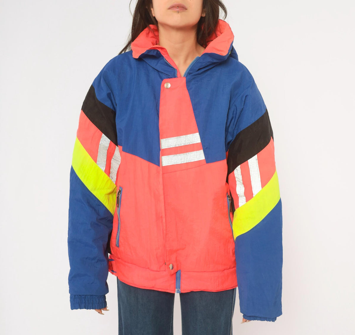 90s Weekends Adventure Color Block Ski Jacket Hooded Puffer Blue Coral Medium