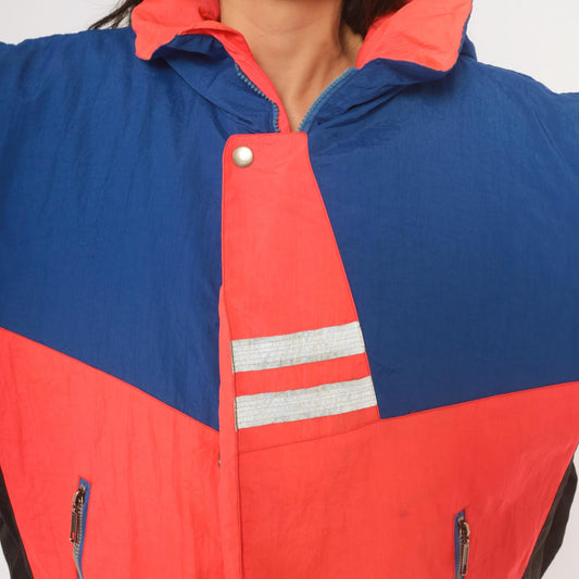 90s Weekends Adventure Color Block Ski Jacket Hooded Puffer Blue Coral Medium
