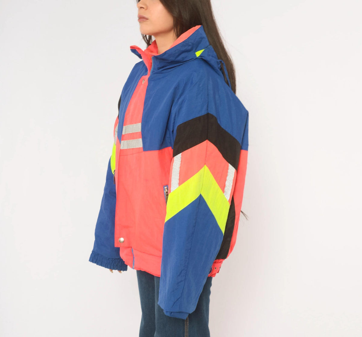 90s Weekends Adventure Color Block Ski Jacket Hooded Puffer Blue Coral Medium