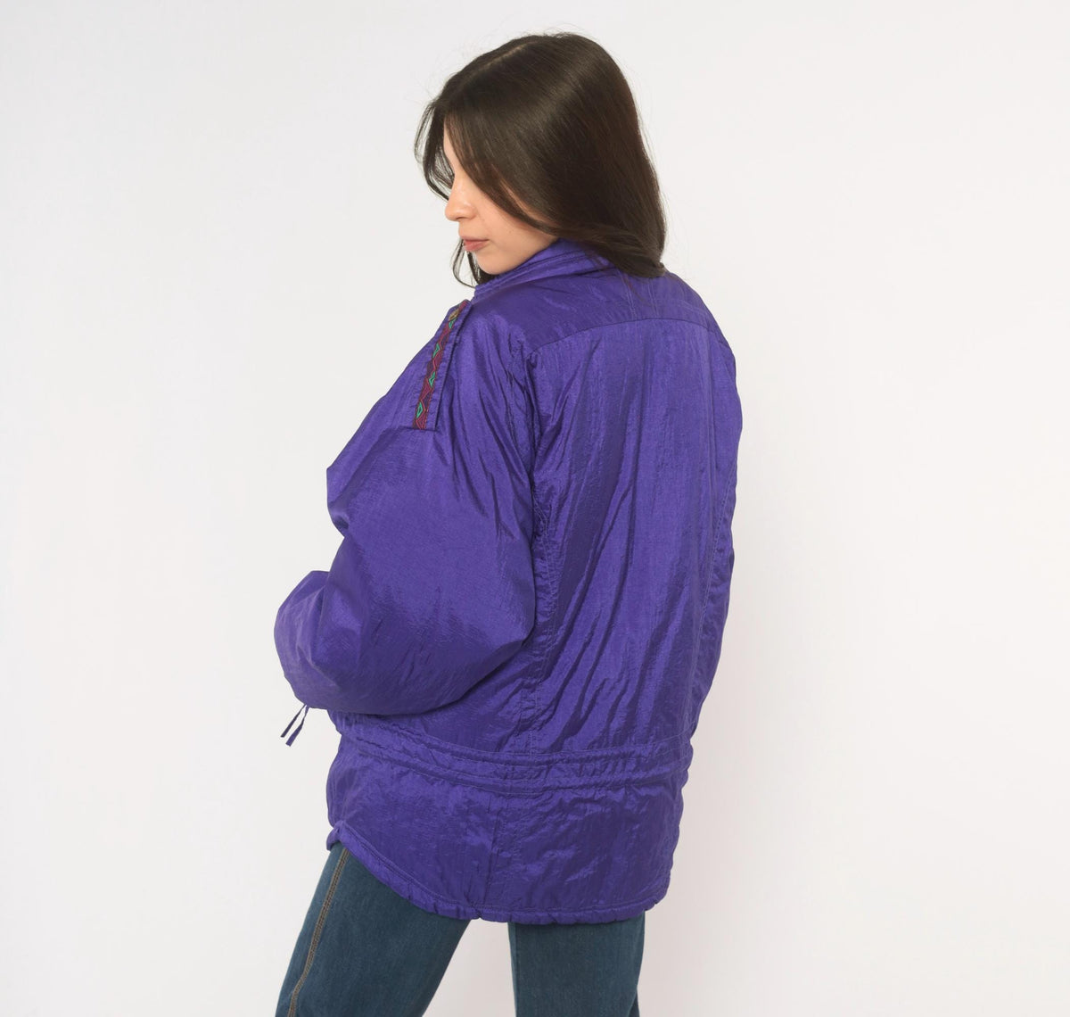 90s Purple Ski Jacket Geometric Embroidered Nylon Puffer Womens Large L