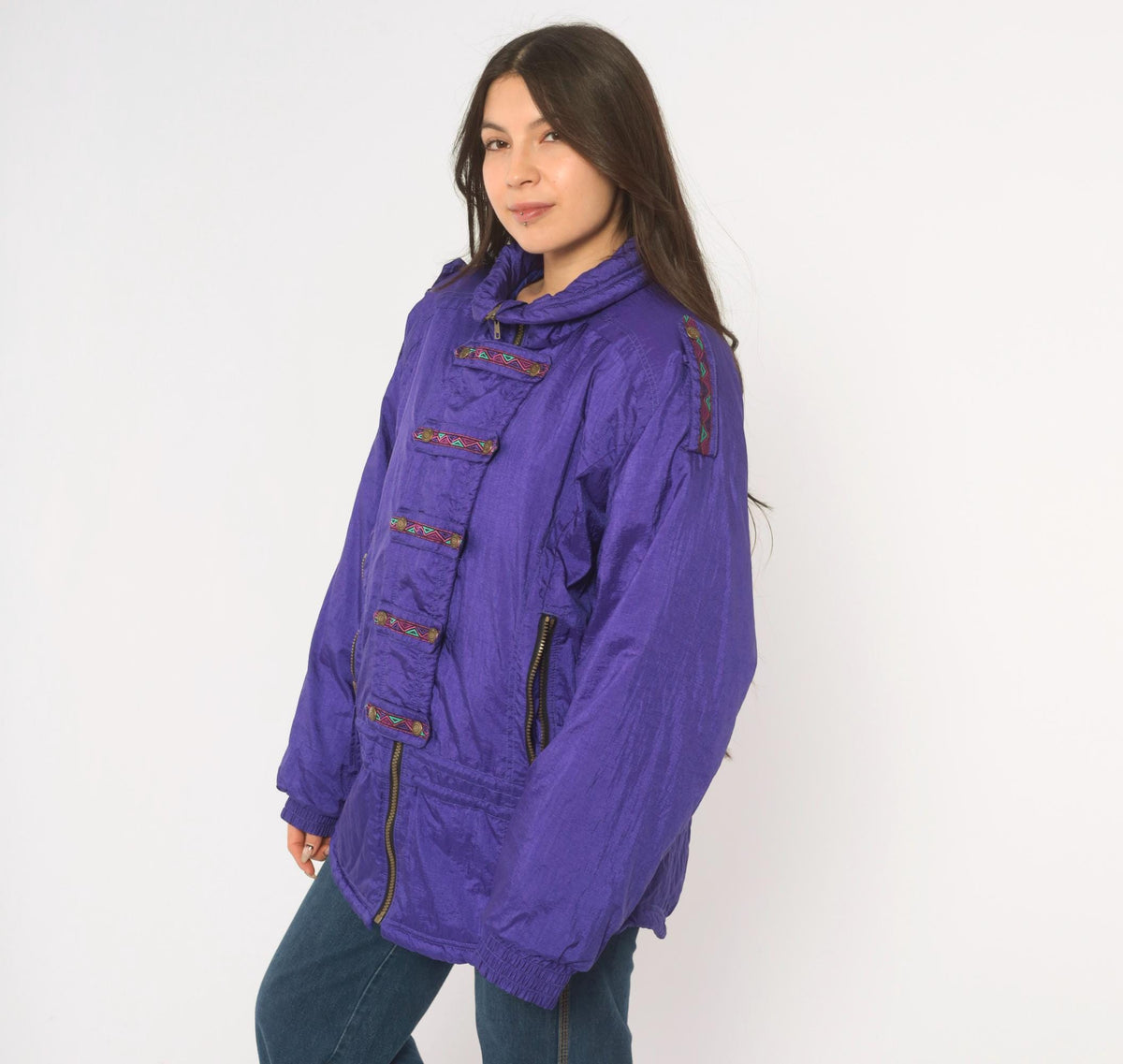 90s Purple Ski Jacket Geometric Embroidered Nylon Puffer Womens Large L
